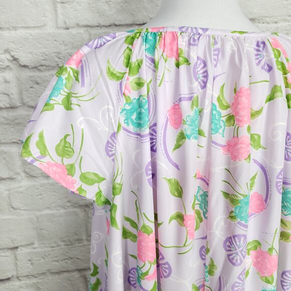 Vintage Purple Pink Tropical Floral Nightgown Nightie Kaftan Keyhole Neck OSFA - Picture 14 of 15